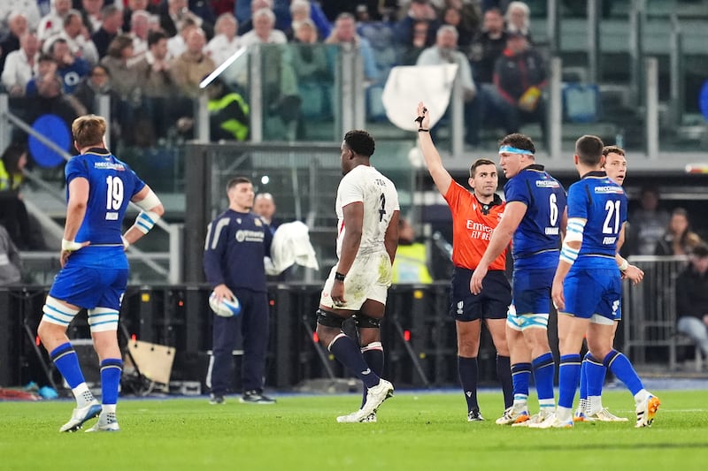 Maro Itoje (centre) is sent to the sinbin following an act of frustration during England's Six Nations defeat to Italy in Rome. Photograph: Adam Davy/PA Wire
