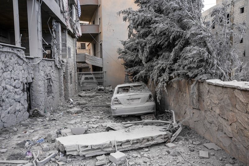 A destroyed Lebanese neighbourhood after overnight Israeli air and ground raids in the village of Nabi Chit on Saturday. Photograph: David Guttenfelder/The New York Times
                      