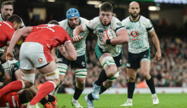 Ireland's Joe McCarthy runs with the ball during the 2025 Six Nations match against Wales