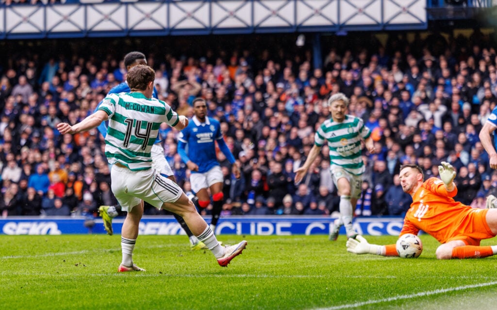 Luke McCowan takes a shot at the Rangers goal for Celtic at Ibrox
