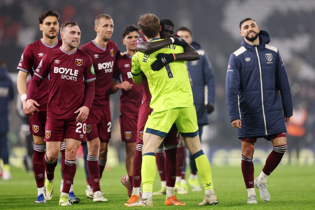 West Ham players congratulate goalkeeper Mads Hermansen after the win at Fulham