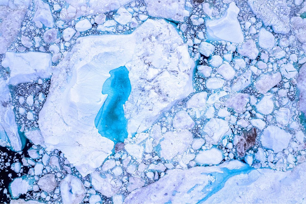 An overhead view of melting ice in Greenland