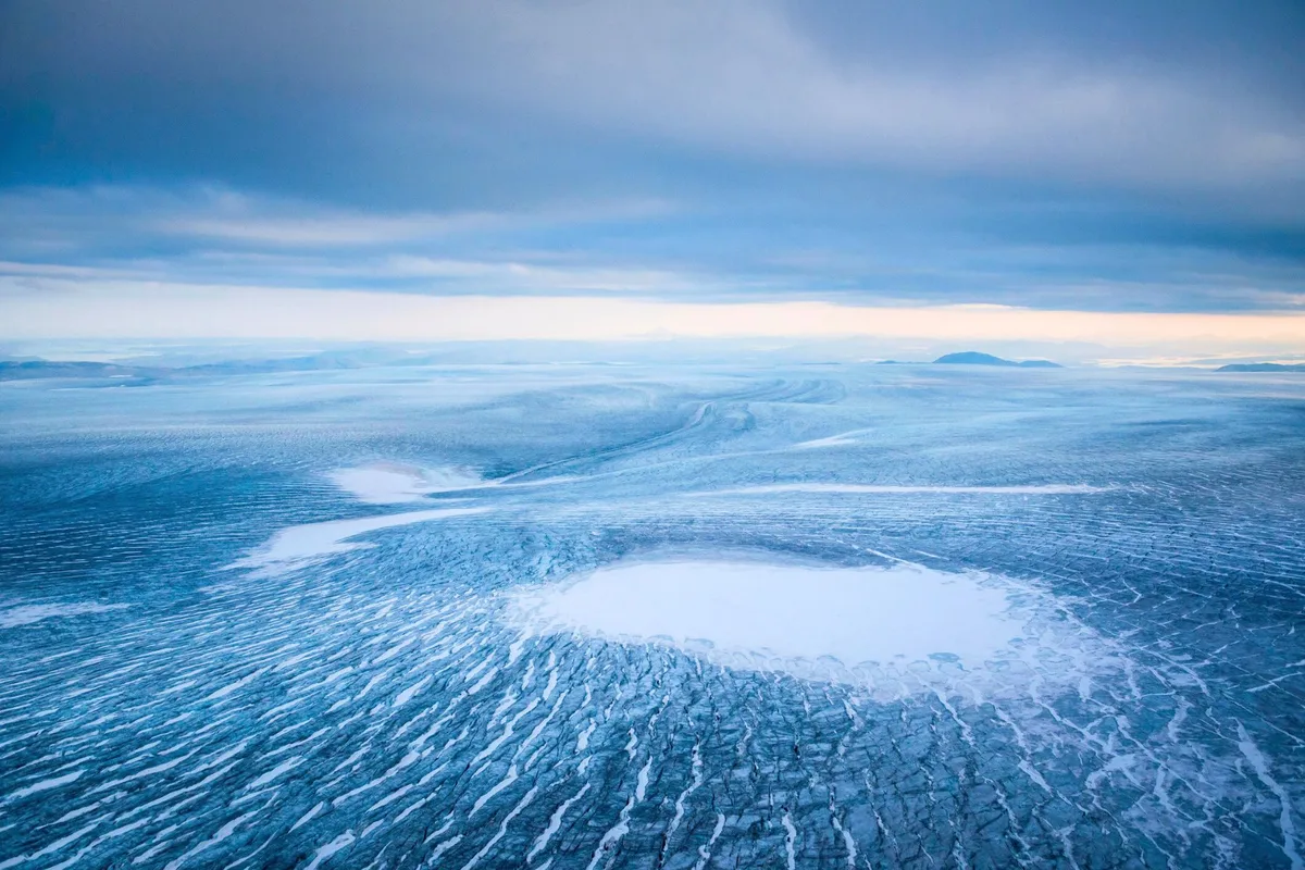 An aerial view of the Greenland ice sheet