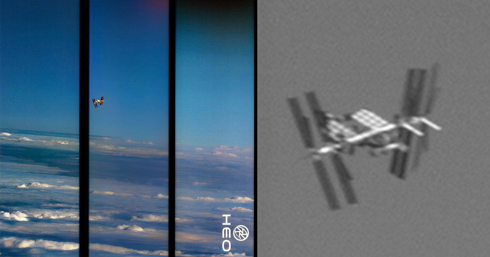 Three vertical panels show the International Space Station above clouds in the left image, with two closer, grayscale images on the right highlighting its structure against a gray background.