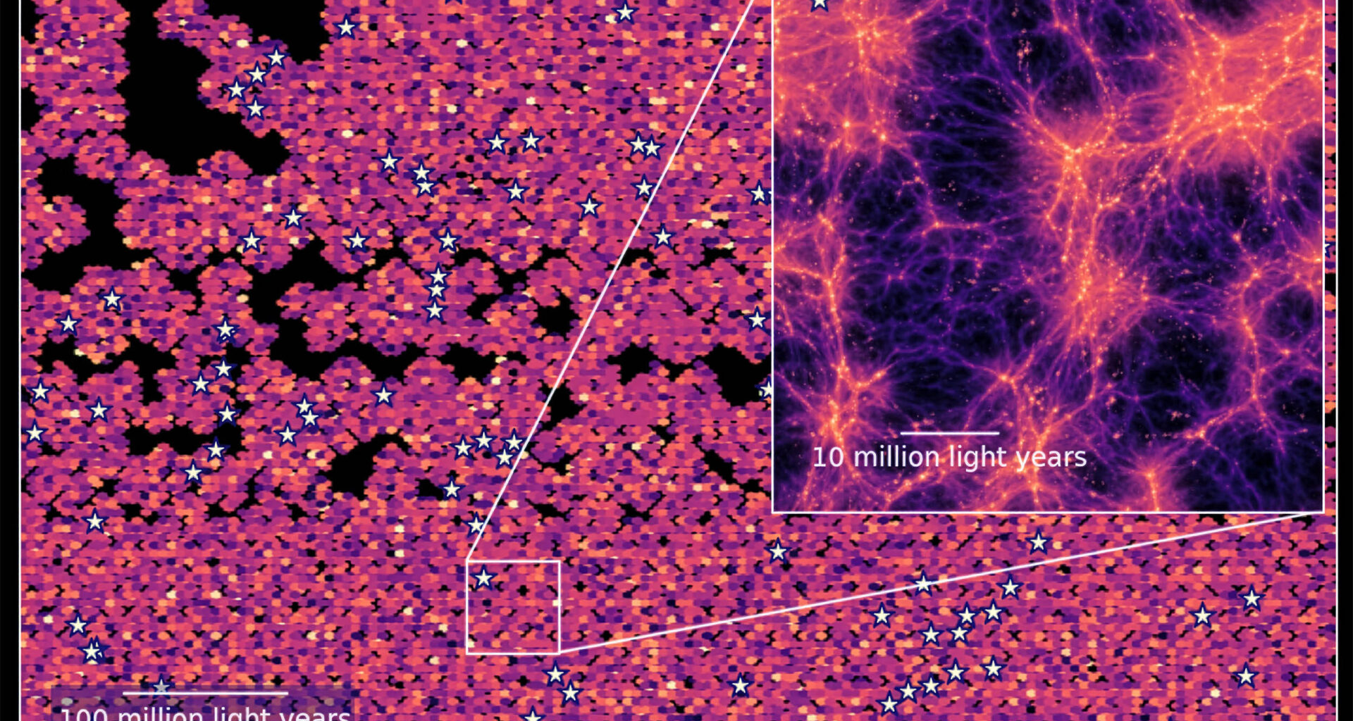 Largest map yet reveals hydrogen glow between ancient galaxies