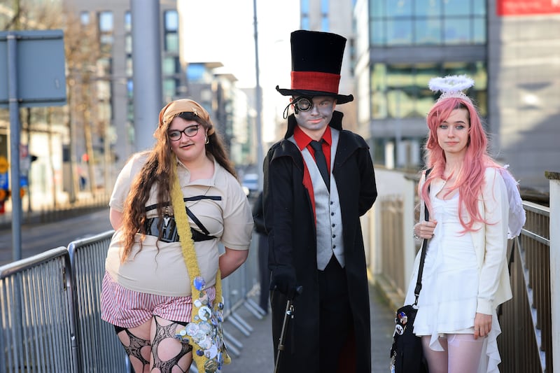 Cassie Tidd as Vinnie, Ronan Farragher as Black Hat and Robyn O’Neill as Eternal Sugar, all from Newbridge, Co Kildare, at Dublin Comic Con on Sunday. Photograph: Dara Mac Dónaill