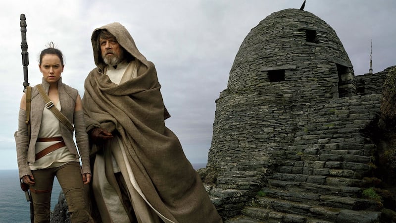 Daisy Ridley and Mark Hamill on Skellig Michael in a scene from Star Wars: The Last Jedi