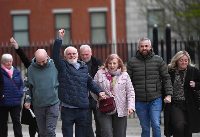 The family of Natalie McNally celebrate outside Belfast Crown Court after McCullagh was found guilty on Monday. Photograph: Mark Marlow/PA Wire