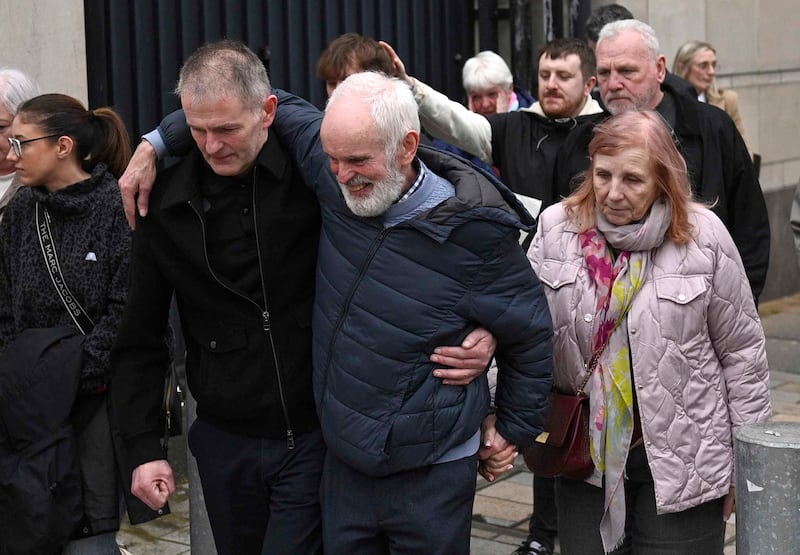 Natalie McNally's parents Noel (second from right) and Bernadette outside the court on Monday. Photograph: Mark Marlow/PA Wire