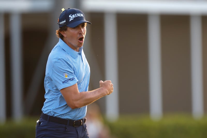 Nico Echavarria of Colombia celebrates after a birdie putt on the 17th green during the final round of the Cognizant Classic in Palm Beach Gardens, Florida. Photograph: Mike Ehrmann/Getty Images