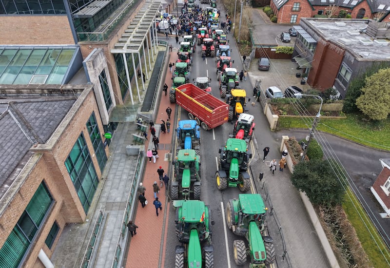 Farmers use tractors to block Newbridge, Co Kildare, on Saturday. Photograph: Alan Betson/The Irish Times

