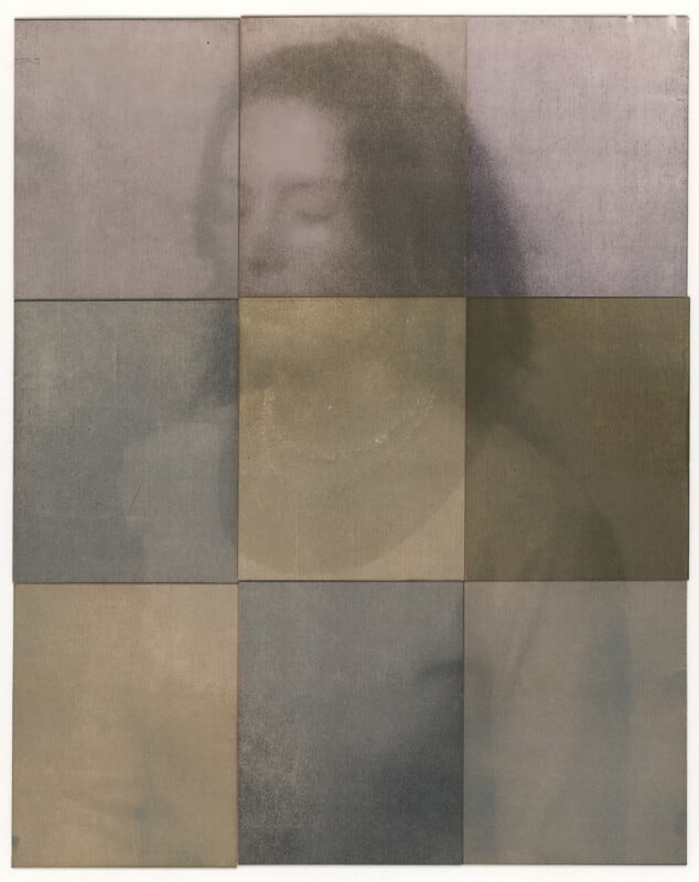 A faded, sepia-toned portrait of a woman is divided into nine rectangular panels, creating a subtle grid effect over her blurred face and upper body, giving the image a fragmented, abstract appearance.