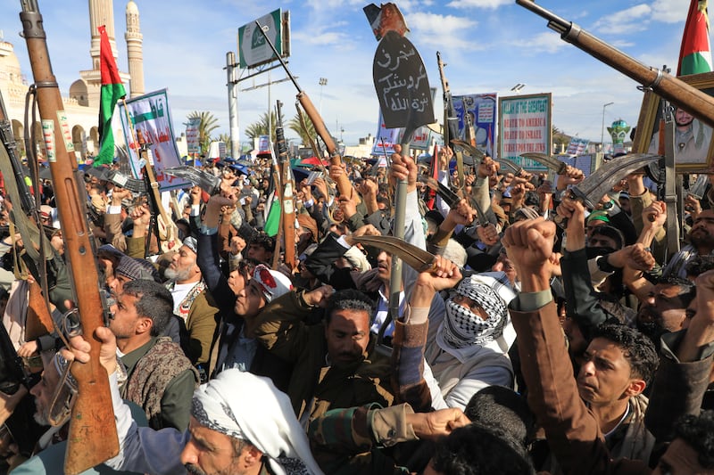 Houthi supporters shout slogans during a rally against Israeli and US war in Iran, in Sanaa, Yemen. Photograph: Osamah Abdulrahman/AP