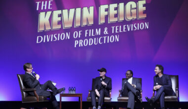 Moderator Alex Ago, Kevin Feige, Ryan Coogler and Shawn Levy at the Dedication of the Kevin Feige Division of Film & Television at the USC School of Cinematic Arts.