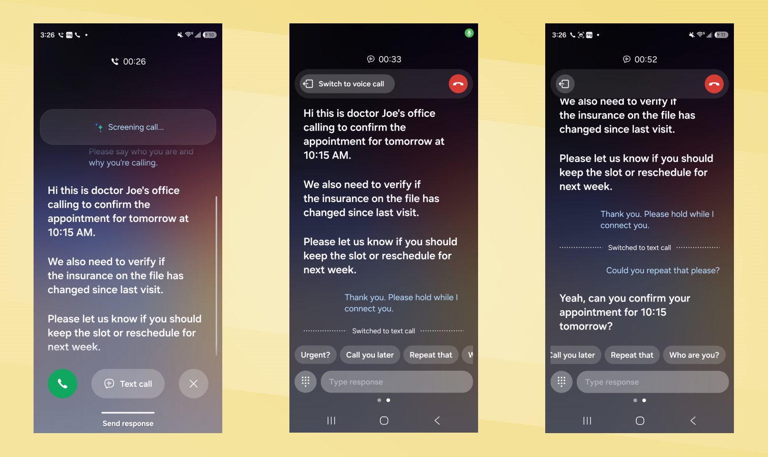 Galaxy S26 vs iPhone 17 Call Screen screenshots.