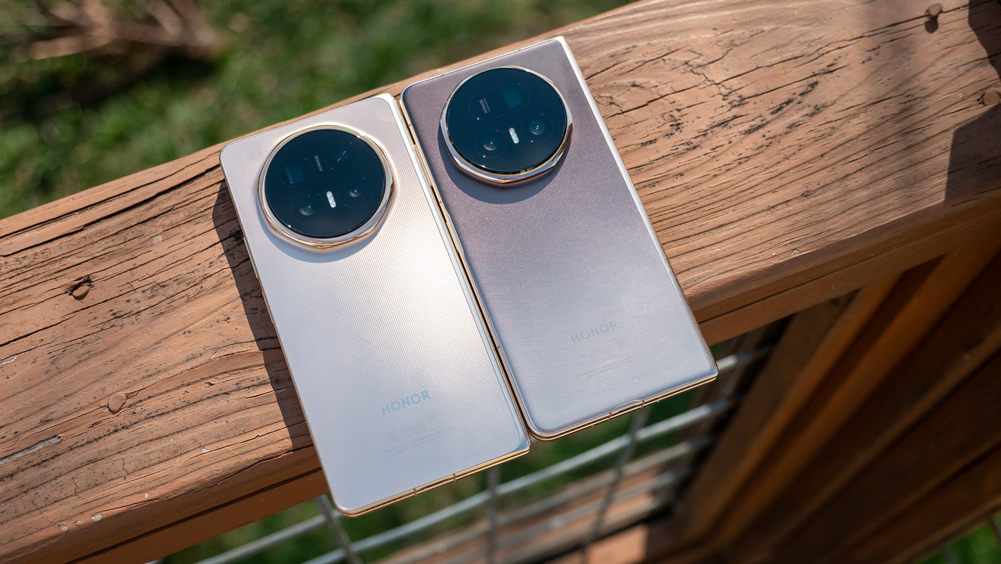 Comparing the backs and camera islands of the Honor Magic V6 (left) and Magic V5 (right)