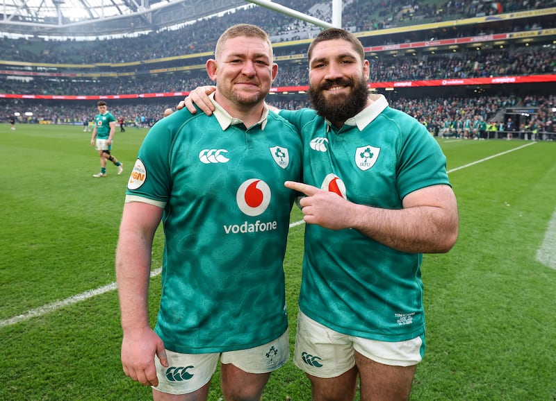 Ireland's Tadhg Furlong and Tom O'Toole celebrate after the match. Photograph: Inpho
