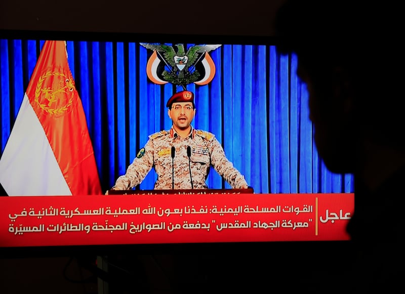 Houthi military spokesman Yahya Sarea announces a new attack on Israel via a televised statement, in Sana'a, Yemen, on Saturday. Photograph: EPA