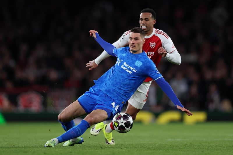 Patrik Schick in action for Bayer Leverkusen during Tuesday's Champions League second-leg Round of 16 fixture against Arsenal. Photograph: Justin Setterfield/Getty Images