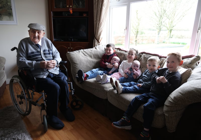 Paddy Claffey at home Co Offaly, with his great-grandchildren, Conor (5) and Holly Griffin (3) and twins Isabel and Dara Griffin (15 months), and Paídí (2) and Shay (4) Claffey. Photograph: Bryan O’Brien