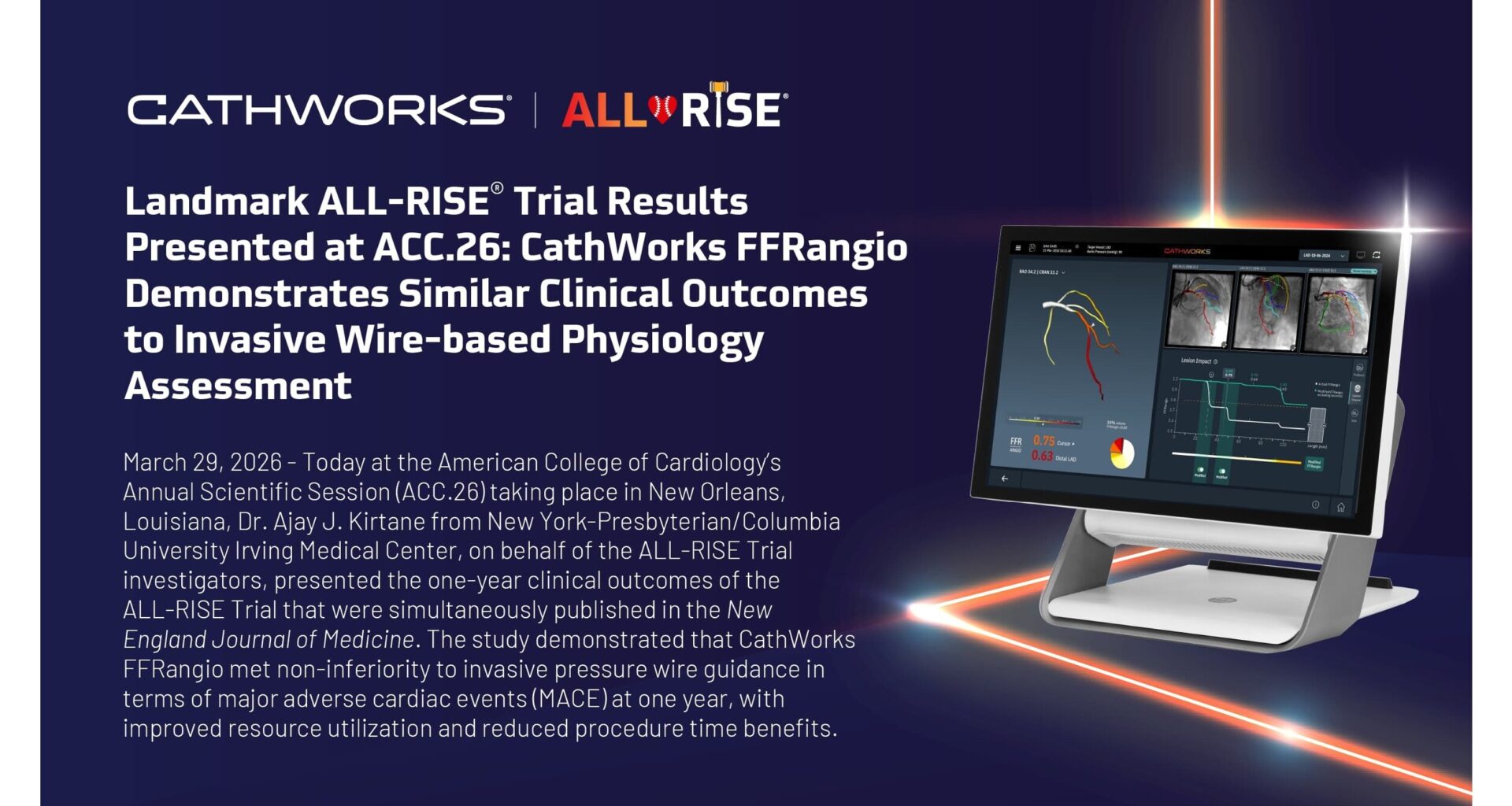 CathWorks FFRangio Demonstrates Similar Clinical Outcomes to Invasive Wire-based Physiology Assessment
