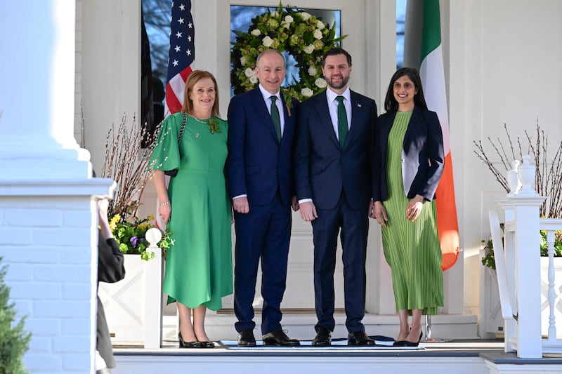 Taoiseach Micheál Martin and his wife Mary O'Shea are greeted by US vice-president JD Vance and his wife Usha Vance before a breakfast at the Naval Observatory in Washington. Photograph: Roberto Schmidt/AFP via Getty Images