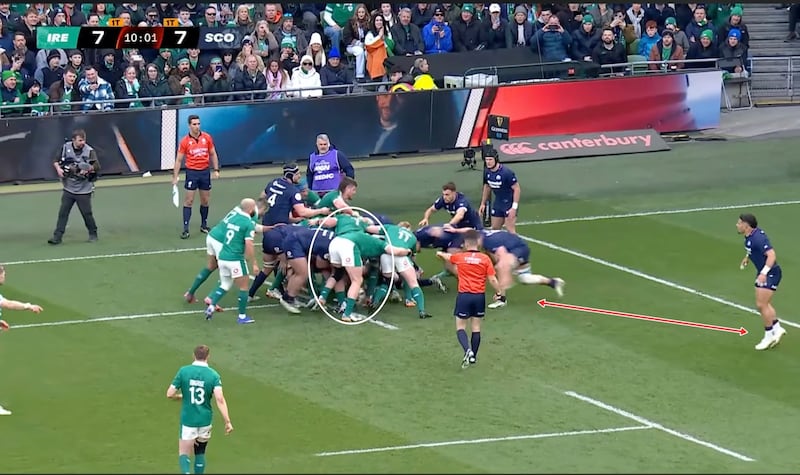 The gap between Rory Darge and Sione Tuipulotu (red arrow) was not filled sufficiently to stop Dan Sheehan from scoring.