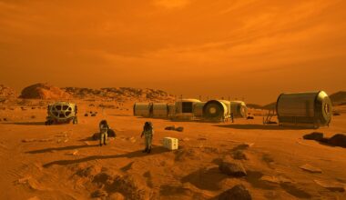 Astronauts working outside a habitat on the surface of Mars. Credit: NASA