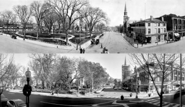 Two panoramic black-and-white photos show the same city square decades apart, with a park in the center, surrounding streets, historic buildings, trees, and people visible in both images; the top scene appears much older.