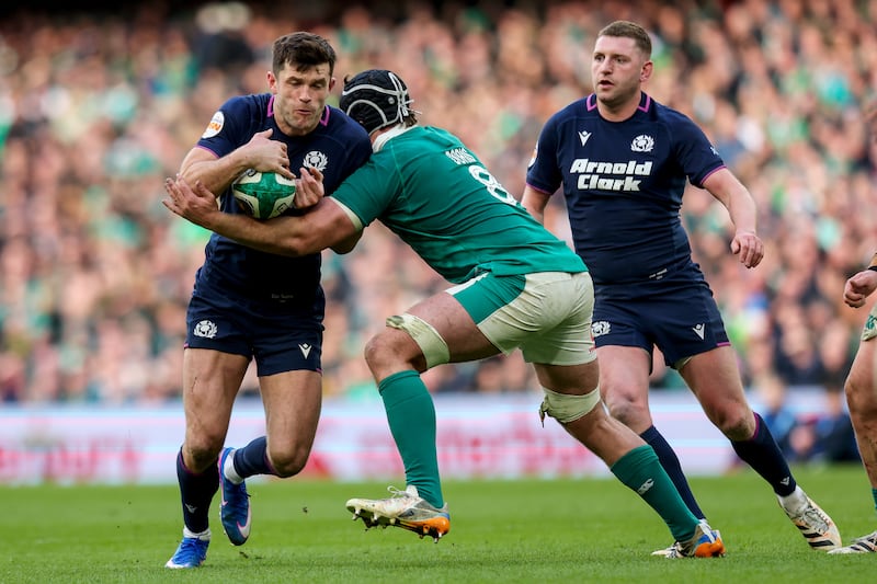 Ireland’s Caelan Doris and Blair Kinghorn of Scotland. Photograph: Ryan Byrne/Inpho