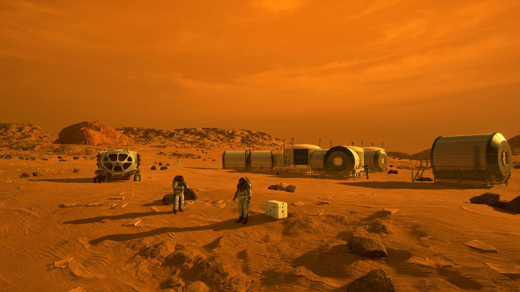 illustration showing two spacesuit-wearing astronauts walking on mars, with several metallic cylindrical habitat modules in the background