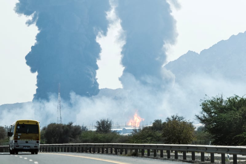 Smoke and flames rise from an energy installation in the Gulf emirate of Fujairah on Saturday. Smoke could be seen rising from the direction of a major UAE energy installation, in what appeared to be the latest strike targeting the Gulf's petroleum facilities hours after the US struck Iran's Kharg Island. Photograph: AFP via Getty Images