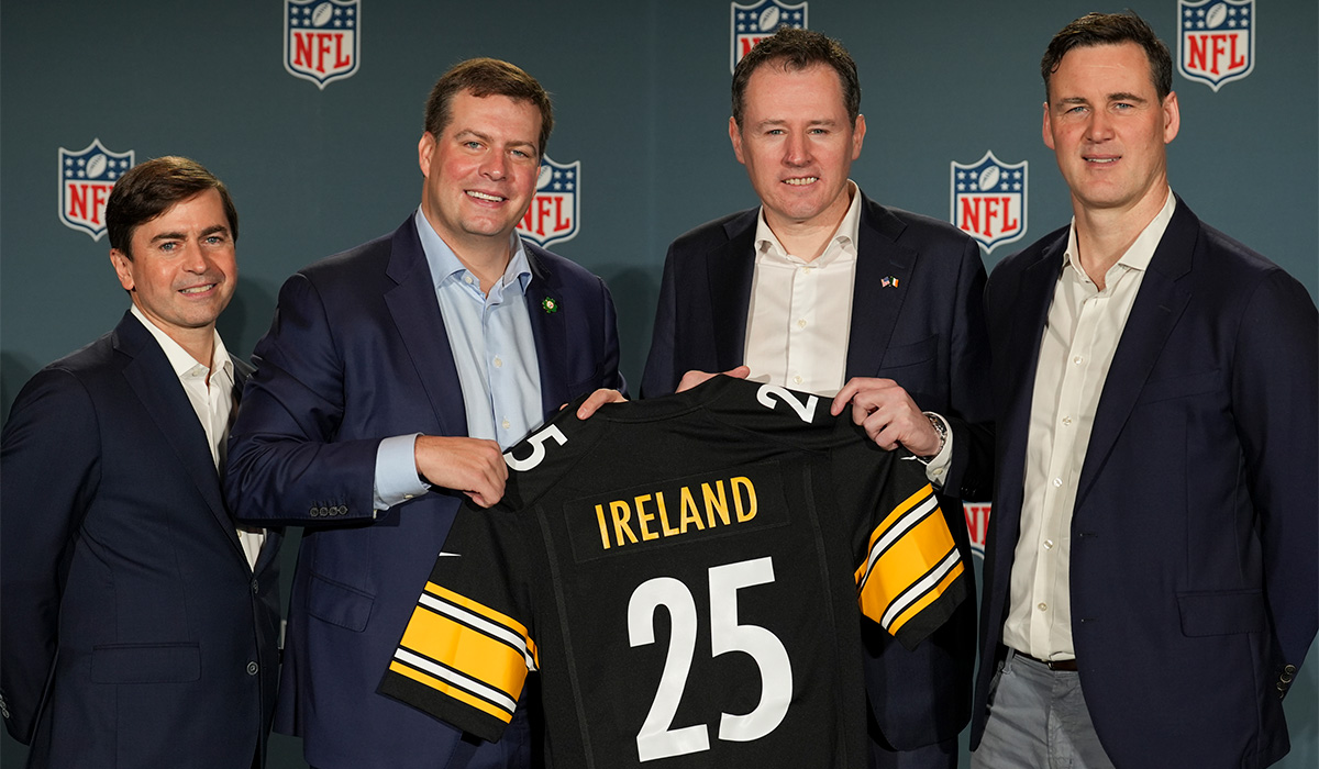 Peter O'Reilly, Executive Vice President International, League Events and Club Business, Dan Rooney, Director of Business Development & Strategy, Pittsburgh Steelers, Charlie McConalogue, Irish Minister of State for Sport, and Henry Hodgson, General Manager of UK and Ireland. Pic: Lauren Justice/AP Content Services for the NFL