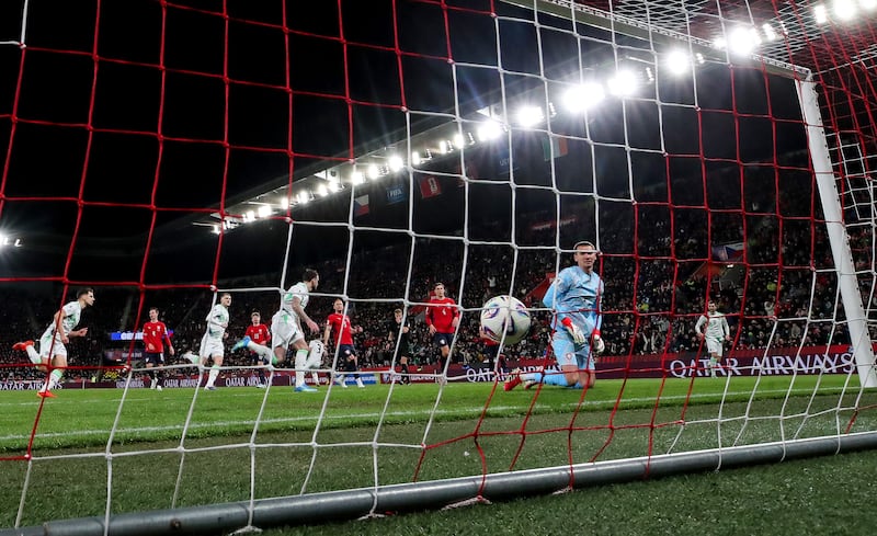 Troy Parrott scores Ireland’s first goal against the Czech Republic. Photograph: Ryan Byrne/Inpho