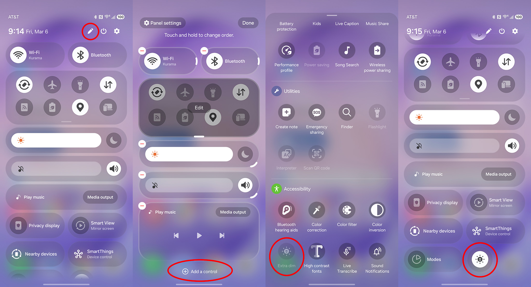 How to enable the Extra Dim quick toggles button on a Samsung Galaxy S26 Ultra