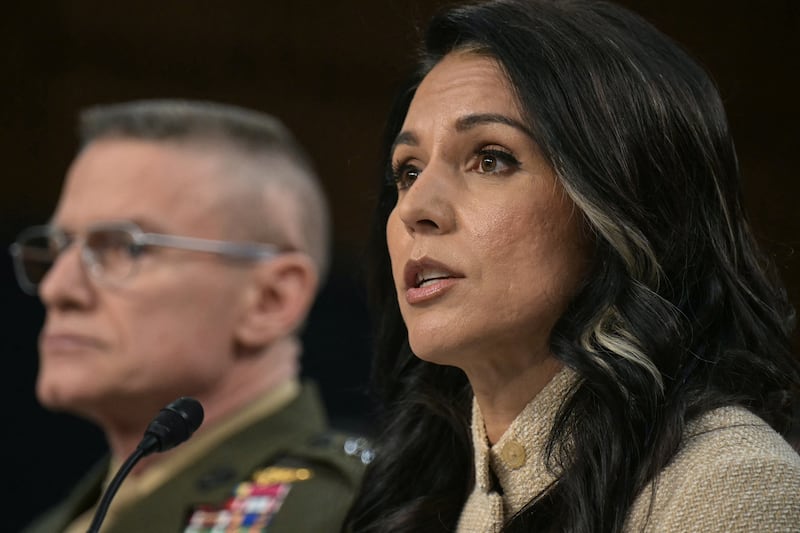 James Adams, director of defense Intelligence Agency, and US director of national intelligence Tulsi Gabbard testify during a Senate Committee on Intelligence in Washington on Wednesday. Photograph: Oliver Contreras/AFP via Getty Images