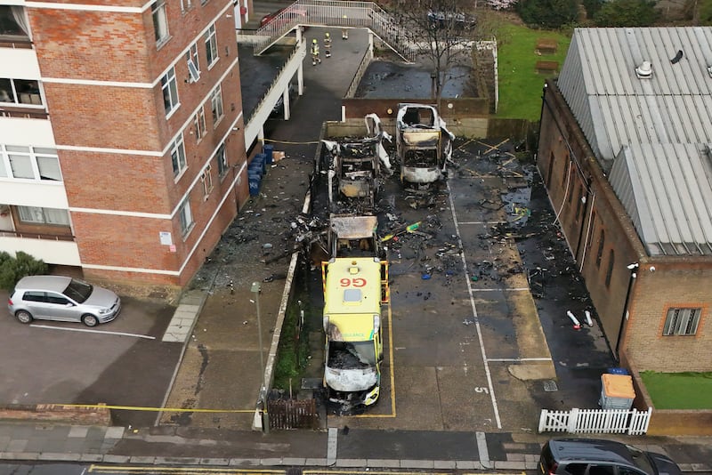 Firefighters at the scene in Highfield Road, Golders Green, London, after an apparent arson attack on four ambulances belonging to the Jewish Community Ambulance service in London. The Metropolitan Police confirmed the incident is being treated as an antisemitic hate crime. Picture date: Monday March 23, 2026. PA Photo. Photo credit should read: Jonathan Brady/PA Wire