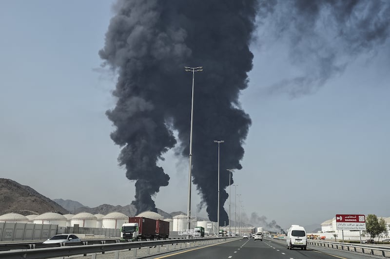 Smoke rises from the direction of an energy installation in the Gulf emirate of Fujairah on Saturday. Smoke could be seen rising from the direction of a major UAE energy installation, in what appeared to be the latest strike targeting the Gulf's petroleum facilities hours after the US struck Iran's Kharg Island. Photograph: AFP via Getty Images