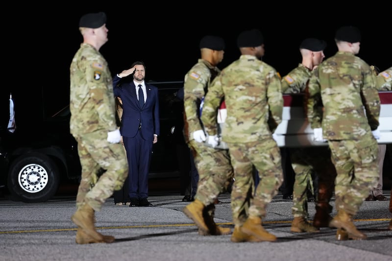 US vice-president JD Vance salutes as military personnel conduct the transfer of Sgt Benjamin Pennington, who was killed at Prince Sultan Air Base in Saudi Arabia, at Dover Air Force Base in Delaware, on Monday. Photograph: Eric Lee/The New York Times
                      