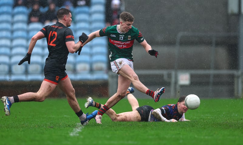 Mayo's Cian McHale scores a vital goal in Castlebar. Photograph: James Crombie