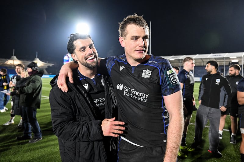 Glasgow Warriors' Adam Hastings and Stafford McDowall celebrate victory over Leinster on Saturday. Photograph: Craig Watson/INPHO