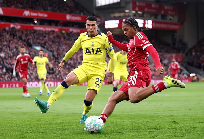 Rio Ngumoha of Liverpool under pressure from Pedro Porro of Tottenham at Anfield on Sunday. Photograph: Michael Regan/Getty Images