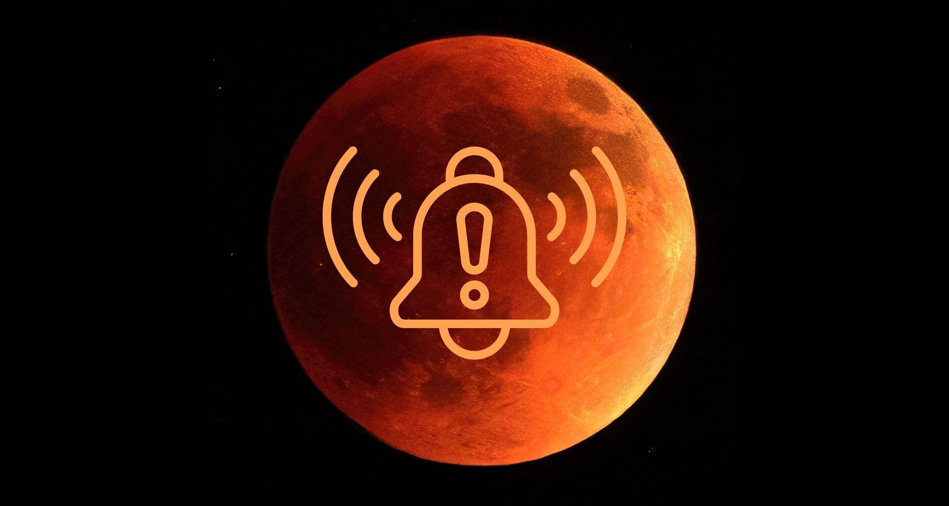 graphic showing close up view of blood moon during total lunar eclipse and a notification bell vector image overlaid on top of the moon to signify an alert that it's the total lunar eclipse tonight.