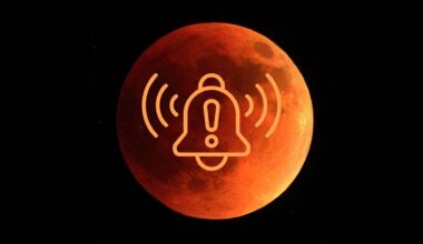 graphic showing close up view of blood moon during total lunar eclipse and a notification bell vector image overlaid on top of the moon to signify an alert that it's the total lunar eclipse tonight.