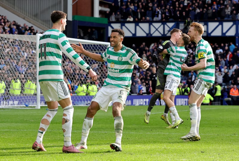 Celtic's Tomas Cvancara (left) celebrates with his team-mates after scoring the winning penalty in the shoot-out  in the Scottish Cup quarter-final match against Rangers at Ibrox. Photograph: Steve Welsh/PA Wire