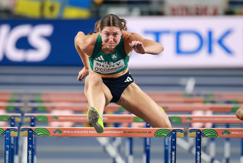 Ireland’s Kate O’Connor in action in the Pentathlon 60m Hurdles at the World Athletics Indoor Championships. Photograph: Morgan Treacy/Inpho