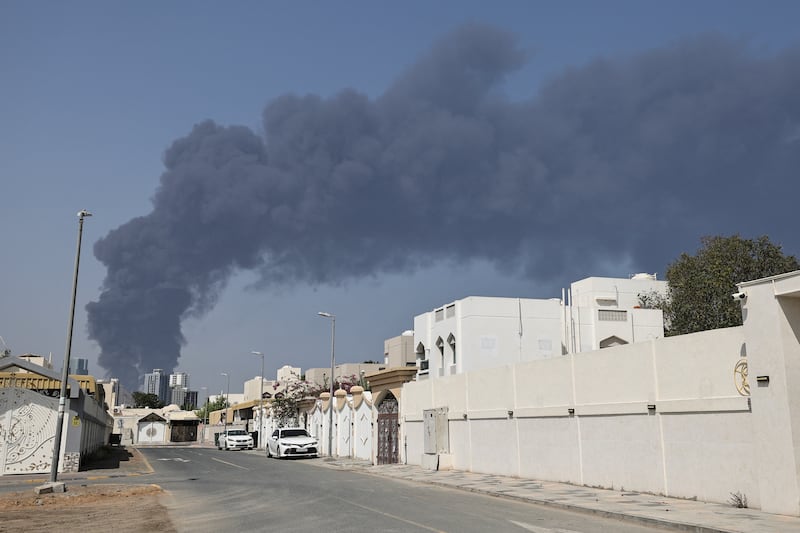 Smoke rises from the direction of an energy installation in the Gulf emirate of Fujairah on Saturday. Smoke could be seen rising from the direction of a major UAE energy installation, in what appeared to be the latest strike targeting the Gulf's petroleum facilities hours after the US struck Iran's Kharg Island. Photograph: AFP via Getty Images