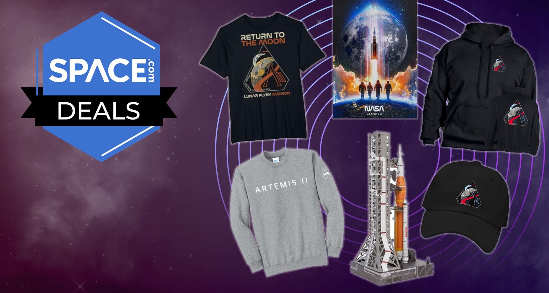 A selection of Artemis 2 merchandise on a space background with a Space.com deals icon