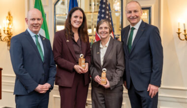 Pictured: Dr Diarmuid O'Brien, Research Ireland; Dr Sarah O’Keeffe, Eli Lilly and Company; Prof. Lynne S. Taylor, Retter Distinguished Professor of Pharmacy at Purdue University; and Taoiseach Micheál Martin