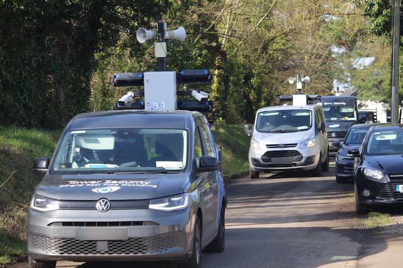 Security teams, with their faces concealed,  arrived on the site of a Meath home that is to be demolished. Photograph: Hugh Dooley